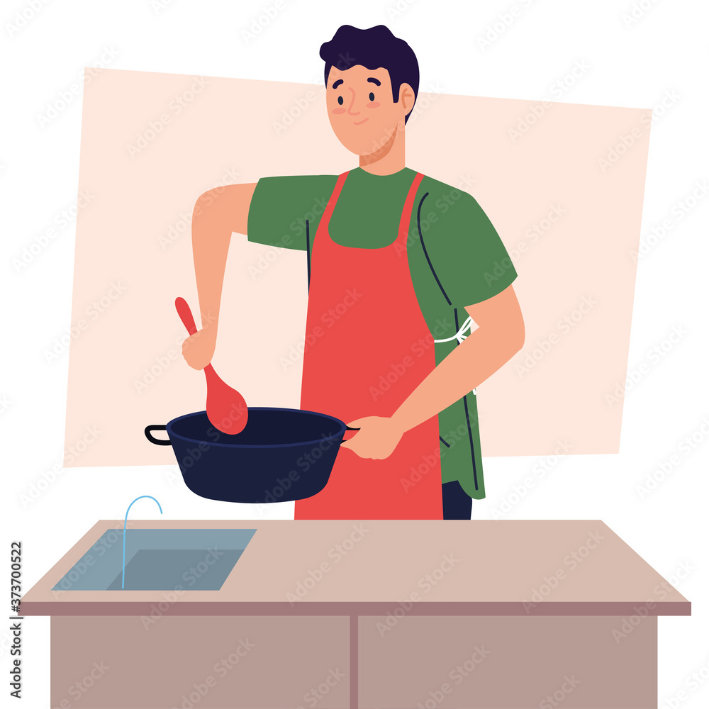 man cooking using apron with pot in kitchen scene vector illustration design man cooking using apron with pot in kitchen scene vector illustration design