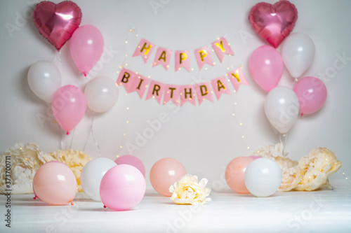 Canvas Print Happy Birthday! decoration with glowing lights, birthday garland, balloons