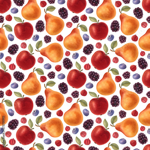 Watercolor seamless pattern with pear, apple, blackberry, red ribes, and blueberry on the light background. Bright cartoon hand-painted illustration.