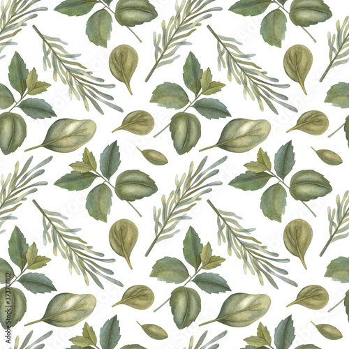 Watercolor seamless pattern with mint, spinach, and rosemary on the light background. Bright cartoon hand-painted illustration.