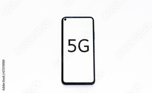 Phone with 5g hologram on a white background. 5G wireless network systems. 5G network concept, high speed mobile internet, new generation networks.