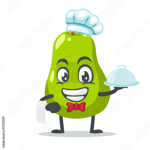 vector illustration of pear mascot or par character wearing chef hat and serve food