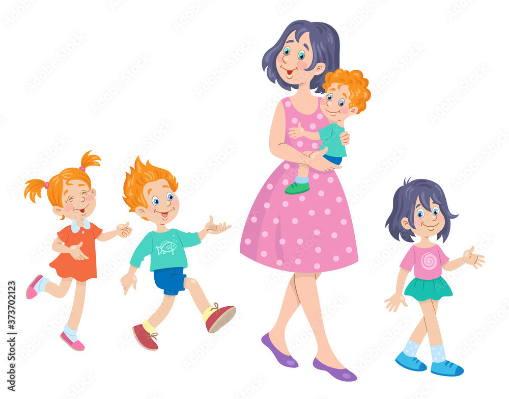 Happy family. A young mother and four children for a walk. In cartoon style. Isolated on white background. Vector flat illustration. Happy family. A young mother and four children for a walk. In cartoon style. Isolated on white background. Vector flat illustration.