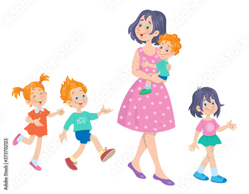 Happy family. A young mother and four children for a walk. In  cartoon style. Isolated on white background. Vector flat illustration.