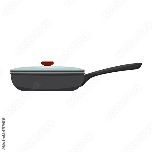 Frying pan with handle and cover. From side view. Flat and solid color vector illustration.