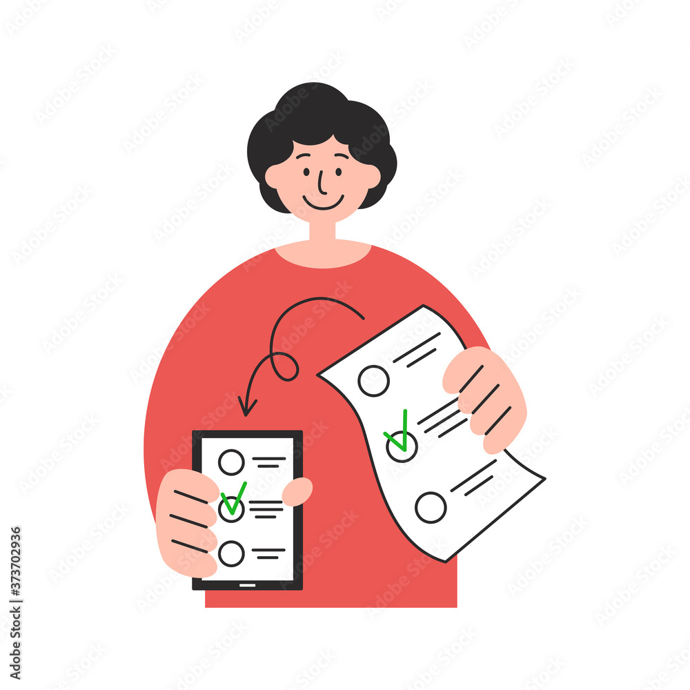 Young man with smartphone and election list in hands flat hand-drawn illustration. Electronic vote, online poll concept. Minimalist vector design for web banner, social media, advert, poster. Young man with smartphone and election list in hands flat hand-drawn illustration. Electronic vote, online poll concept. Minimalist vector design for web banner, social media, advert, poster.