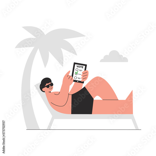 Young man relaxes under the palm tree and making his choice on electronic apps. Online poll, E-voting flat vector illustration. Vote anywhere concept. Design for web banner, social media, advert.