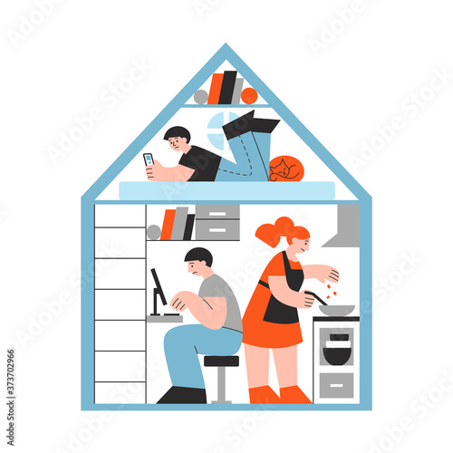 Sad family living in a tiny house flat hand-drawn illustration. Real estate interior with parents, teenager and cat. Small and compact home concept. Vector design for web banner, card, advert, poster.