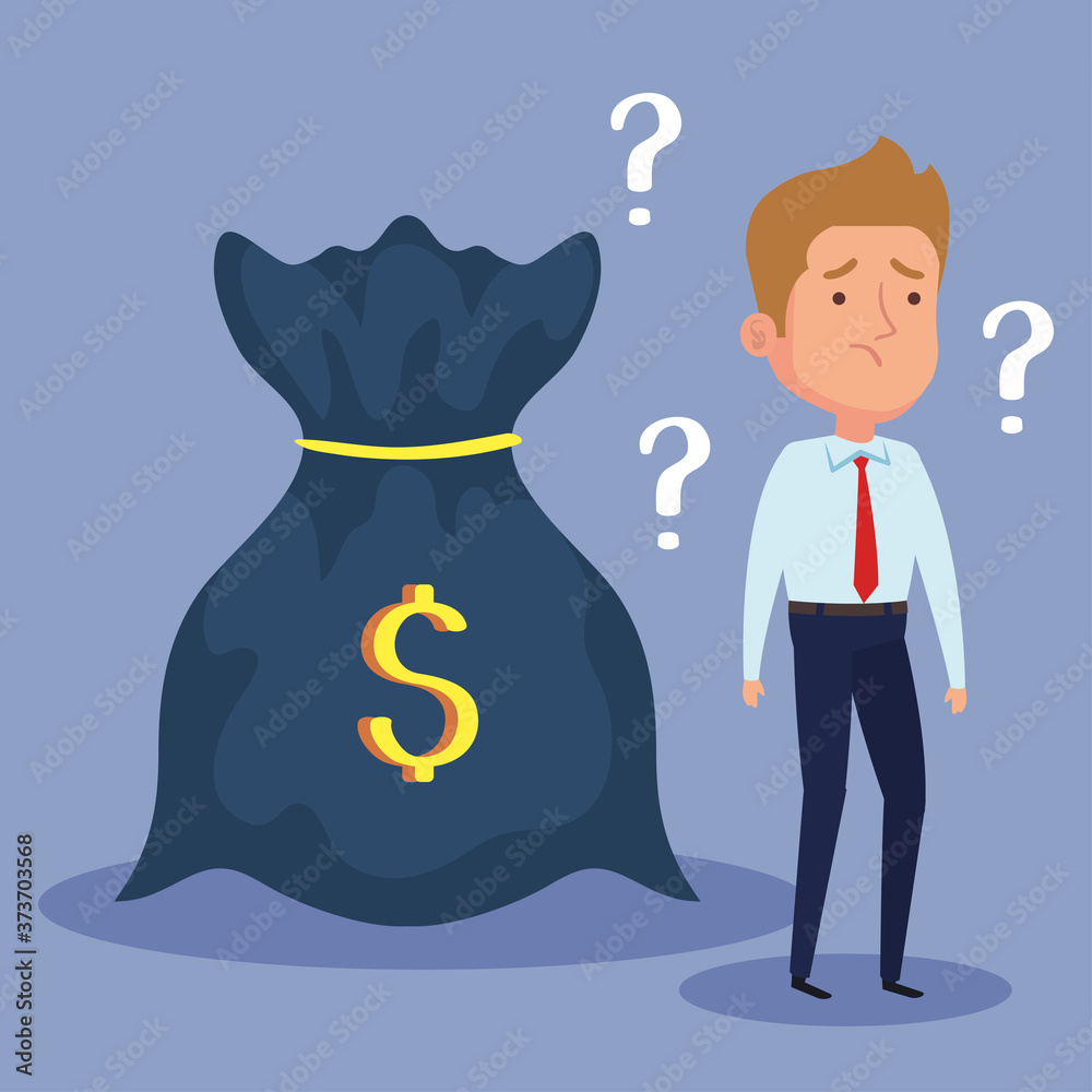 Obraz premium elegant businessman thoughtful with money bag vector illustration design