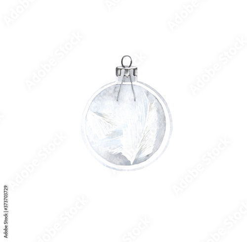 Watercolor Christmas transparent glass ball filled with white feathers. Isolated on white background. New Year's symbol for design, print, card. Hand drawn illustration.