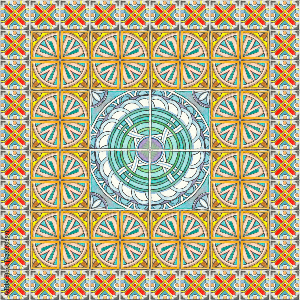 Azulejos em aquarela estilo português. Arte geométrica em tinta e nanquim em papel texturizado com replicação em padrões coloridos. Superfície de lajotas antigas. Ladrilhos detalhados alta resolução