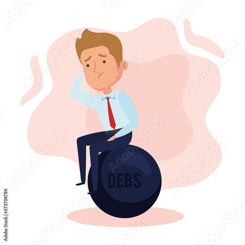elegant businessman worried sitting in slave fetter vector illustration design