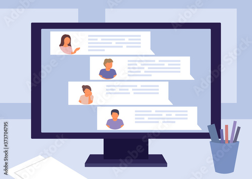 Chat screen display on computer with messenger application. Communication people, dialog, conversation online, internet chatting and social network concept. Chat messages sending on computer. Vector