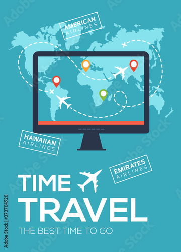 Modern travel flyer, poster, banner. Banner of Travel Company. The best time to travel. Screen of monitor on background of map of world with map markers and airplane flight