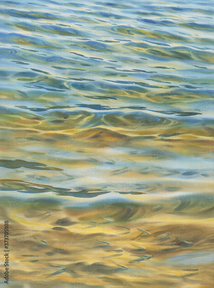 Fototapeta premium Sunny water waves with a sand on a bottom of the lake watercolor