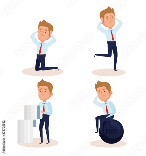 set scenes of elegant business men worried vector illustration design