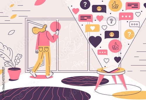 Vector concept illustration about social media obsession overcoming. Woman going to the yard without phone full of text, hearts and smiles. Pink, yellow and purple colors. Outline style