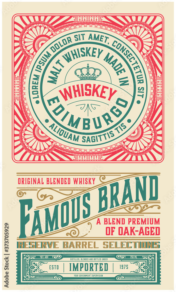 Obraz premium Old label design for Whiskey and Wine label, Restaurant banner, Beer label. Vector illustration