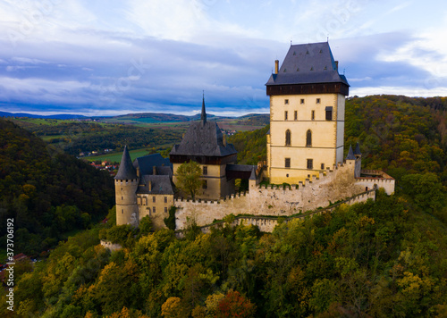 Aerial view of medieval Karlstejn castle in autumn park  Czech Republic