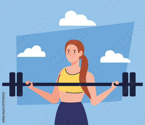 woman doing exercises with weight bar outdoor, sport recreation exercise vector illustration design