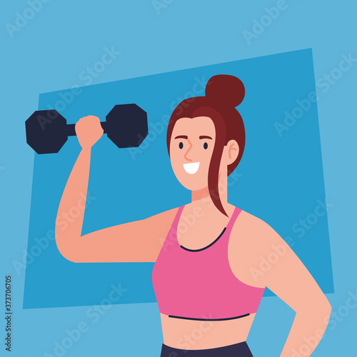 woman doing exercises with dumbbell, sport recreation exercise vector illustration design