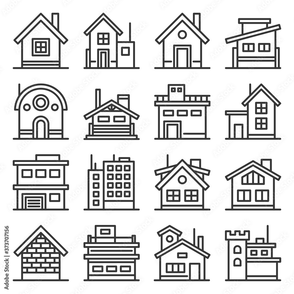 Home and House Buildings Icons Set. Line Style Vector