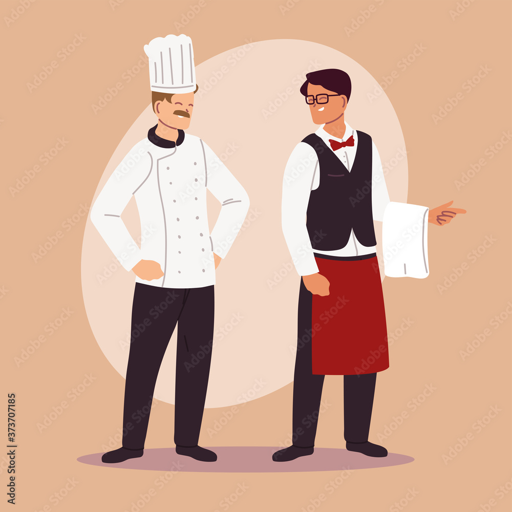 chef and waiter in working uniform