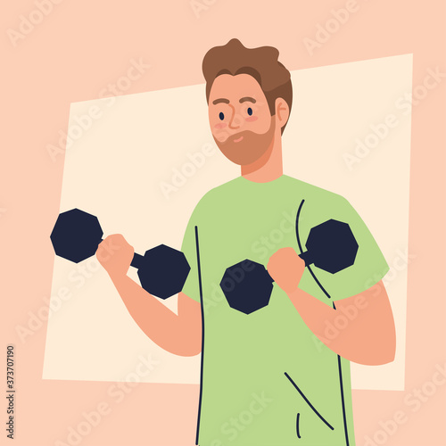man doing exercises with dumbbells, recreation exercise concept vector illustration design