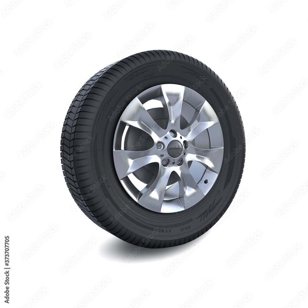 Car wheel disc and tyre isolated on white. Digital illustration. 3D illustration.
