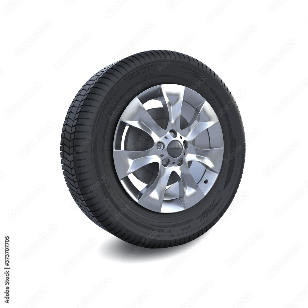 Obraz premium Car wheel disc and tyre isolated on white. Digital illustration. 3D illustration.
