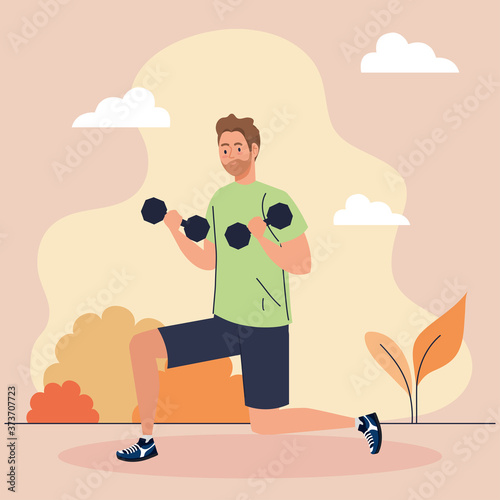 man doing exercises with dumbbells outdoor, sport recreation vector illustration design
