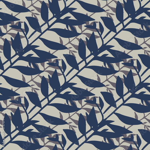 Fototapeta Naklejka Na Ścianę i Meble -  Dark navy blue foliage ornament seamless pattern. Grey background. Vintage tropical backdrop.