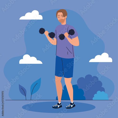 man doing exercises with dumbbells outdoor, sport recreation exercise vector illustration design