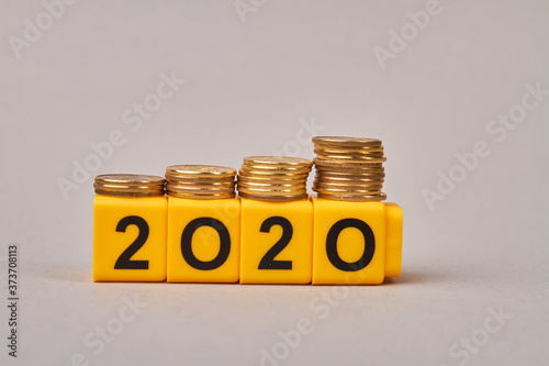 Budget planning for 2020. Wooden blocks with number 2020 isolated on grey background. Concept of saving money for the future. Favorable money distribution.