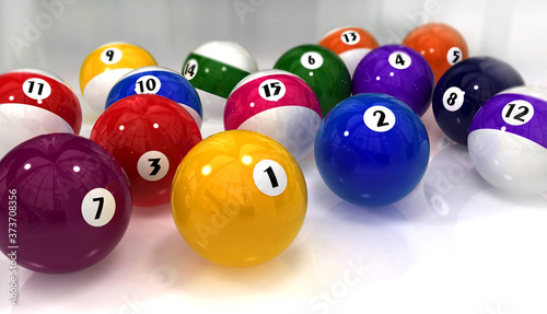Beautiful glossy colorful billiard balls on a white background. Wallpaper. 3 D illustration.