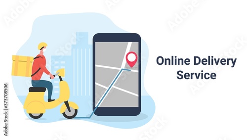 Delivery man riding scooter to the destination on the map. Courier with protective mask. Online delivery service.