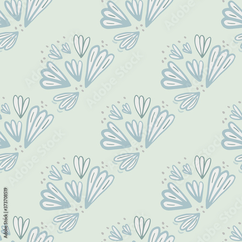 Seamless hand drawn pattern with flower contoured ornament. Sky blue color palette. Stylized artwork.