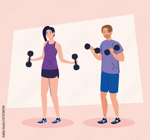 young couple doing exercises with dumbbells, sport recreation exercise exercise vector illustration design