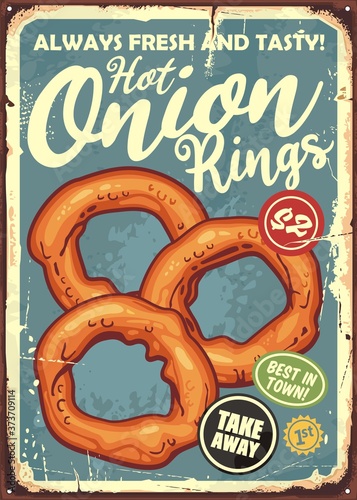 Fried onion rings retro fast food sign. Diner menu with tasty and crispy appetizer. Restaurant poster vector illustration. photo