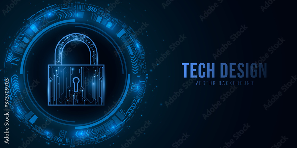 Security lock and sci-fi user interface with HUD elements. Password protection of computer system data. Glowing blue motherboard circuit on a dark background. Vector illustration. Security lock and sci-fi user interface with HUD elements. Password protection of computer system data. Glowing blue motherboard circuit on a dark background. Vector illustration.