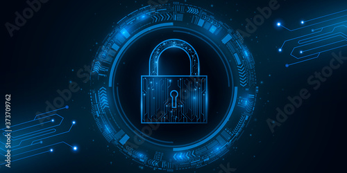 Security lock and sci-fi user interface with HUD elements. Password protection of computer system data. Glowing blue motherboard circuit. Vector illustration.