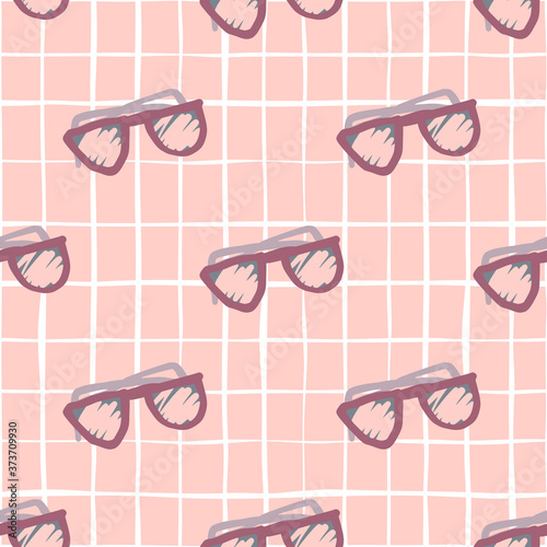 Purple sunglasses ornament seamless pattern. Doodle summer print with soft pink chequered background.