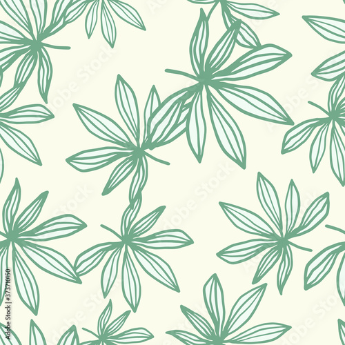 Random green contoured marijuana leaves seamless pattern. Light background. Simple hand drawn print. © smth.design