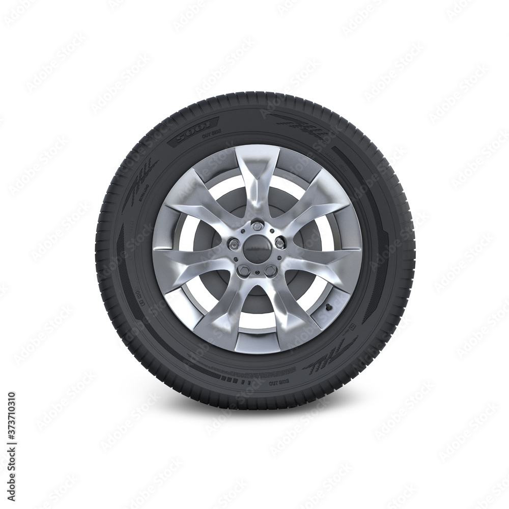 Car wheel disc and tyre isolated on white. Digital illustration. 3 D illustration.