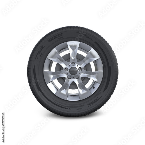 Car wheel disc and tyre isolated on white. Digital illustration. 3 D illustration.