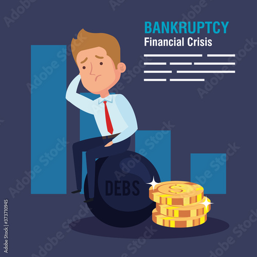 banner bankruptcy financial crisis, with businessman sitting in slave fetter vector illustration design