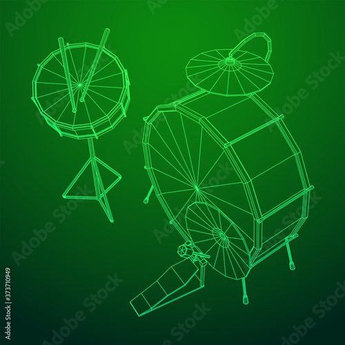 Musical instruments set. Rock band drum kit. Percussion musical instrument drums  stick and cymbal. Wireframe low poly mesh vector illustration.