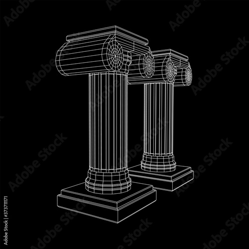 Greek ionic column. Ancient pillars roman antique architecture construction decoration. Wireframe low poly mesh vector illustration.