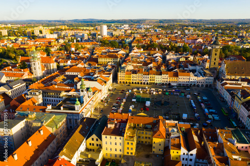 Aerial cityscape of small Czech town Ceske Budejovice