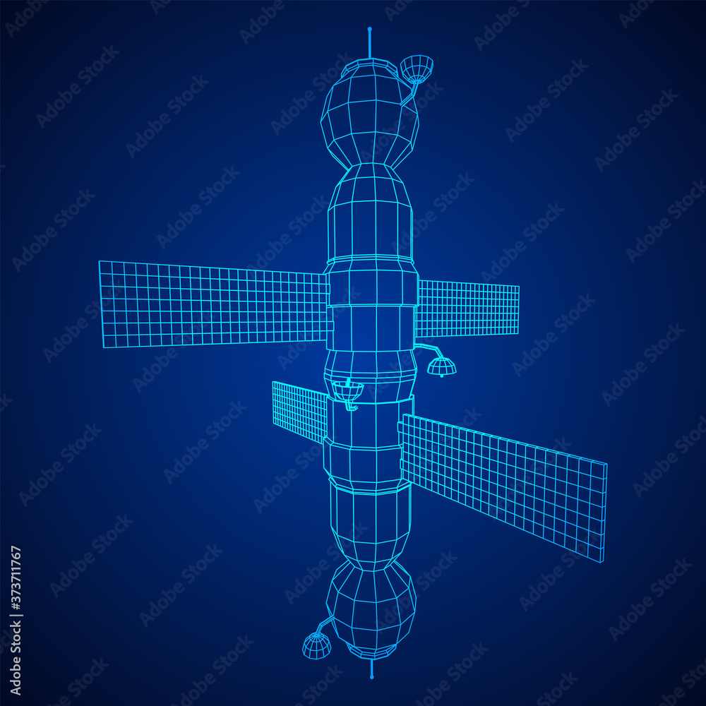 Space station communications satellite. Wireframe low poly mesh vector illustration.
